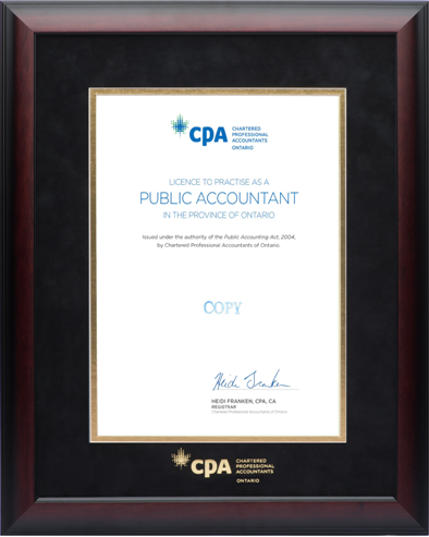12x15 Satin mahogany frame with black velvet and gold double mat board & gold embossed CPA logo for 8.5x11 CPA-ON Public Accountant License to practice